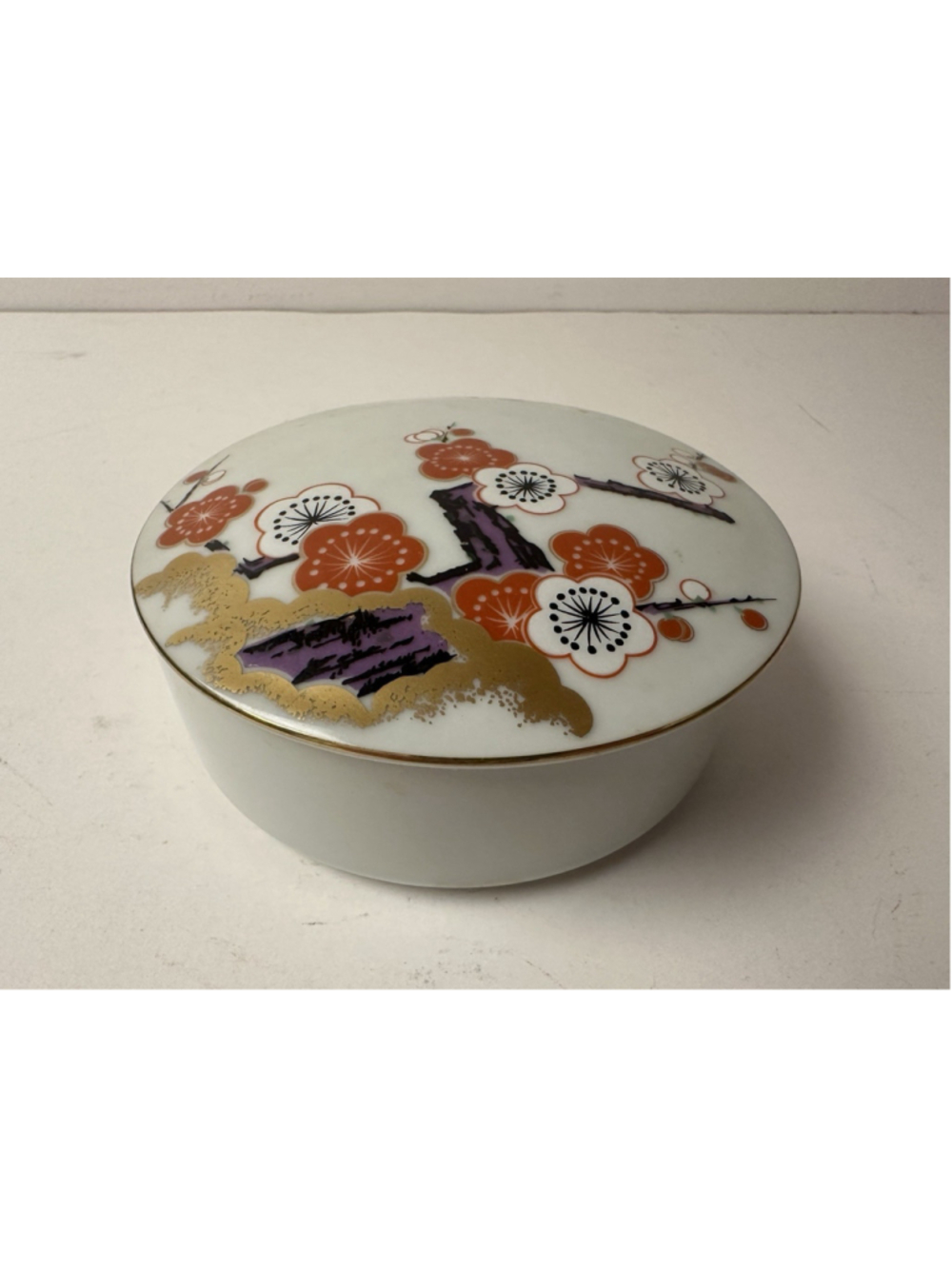 Vintage Japanese Porcelain Covered Trinket Box Round Gold Plum Blossom Dresser